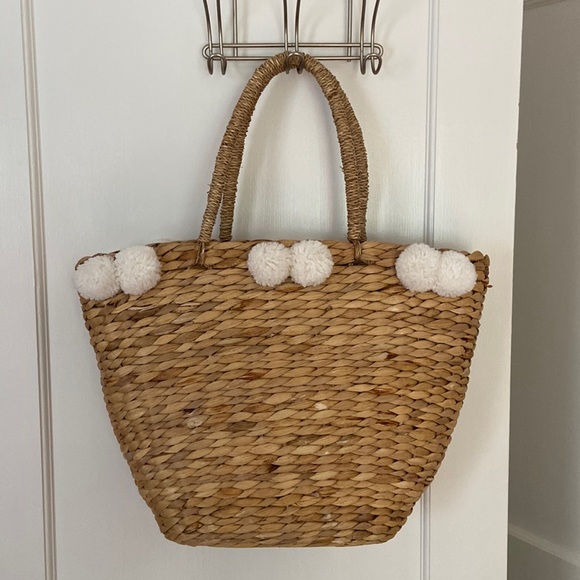 Aqua Handbags - Aqua Sea Grass and Pom Pom Beach Tote